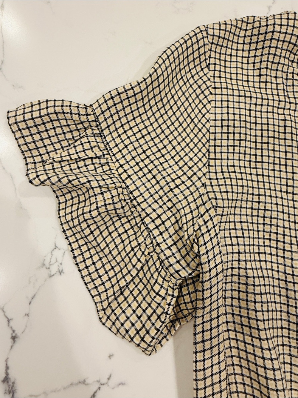 LOFT Yellow and Black Grid Ruffle-Sleeve Blouse
